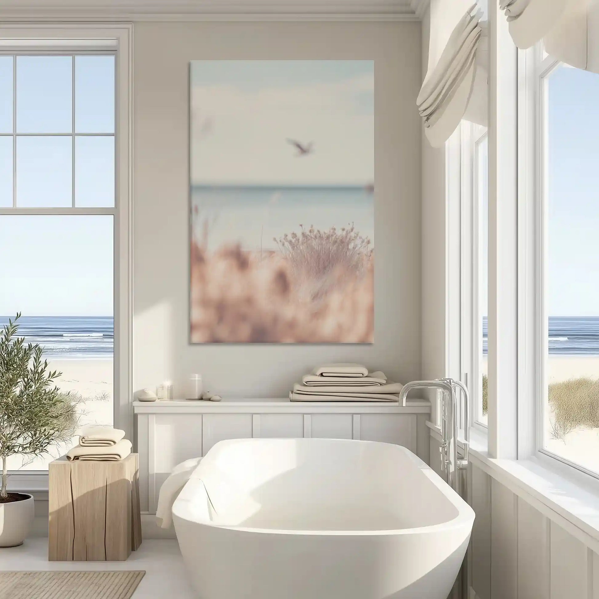 Serene coastal painting with bird enriching contemporary wall decor style