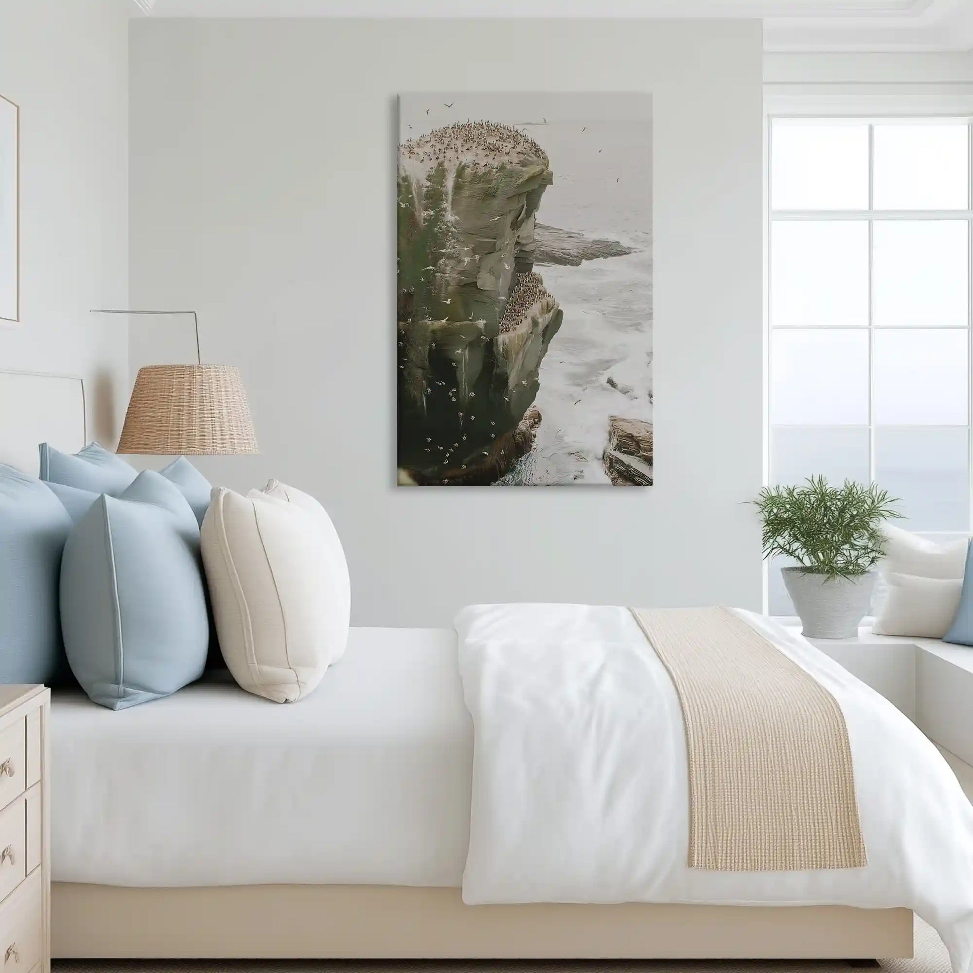 Moody cliffside canvas art complementing rustic farmhouse interiors with earthy natural tones