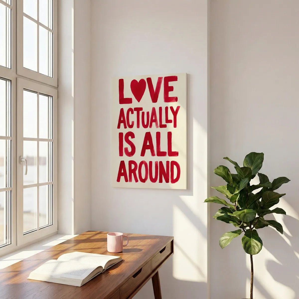 Expressive canvas wall art with centered red text and heart symbol, styled in a playful hand-painted design on white background.