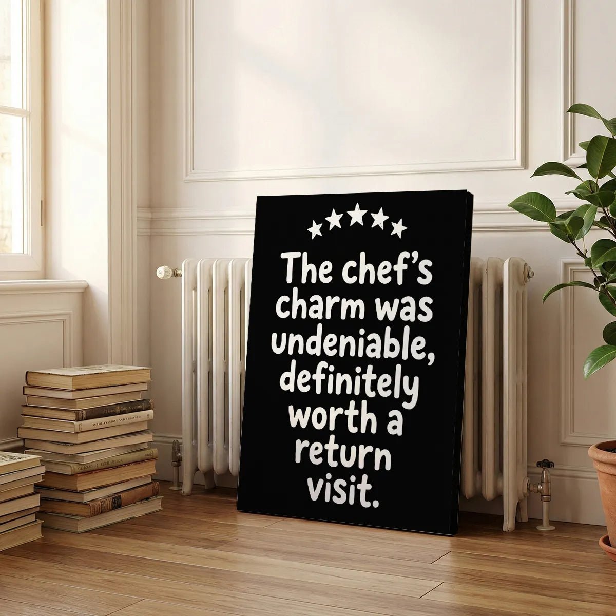 Fine art canvas featuring a curved row of stars above a centered, modern quote in a monochrome black and white palette.