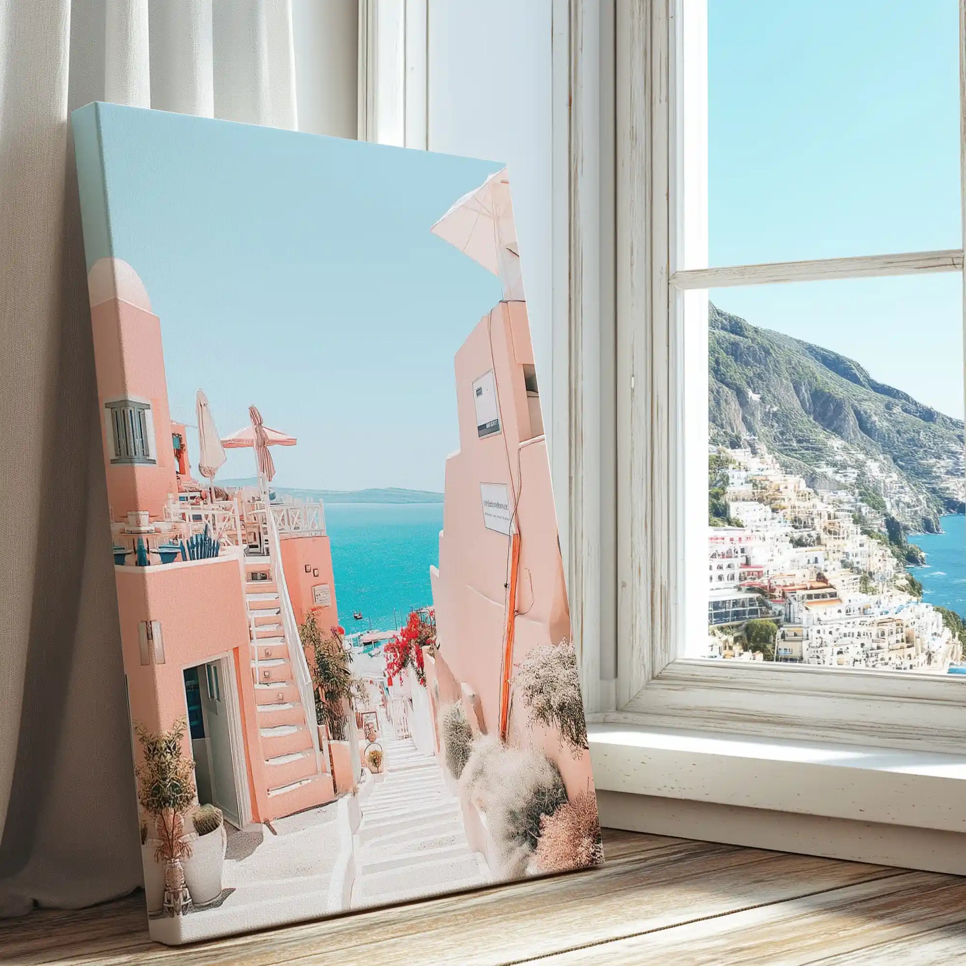 Greek island steps captured in canvas print with modern minimalist style and turquoise sea view