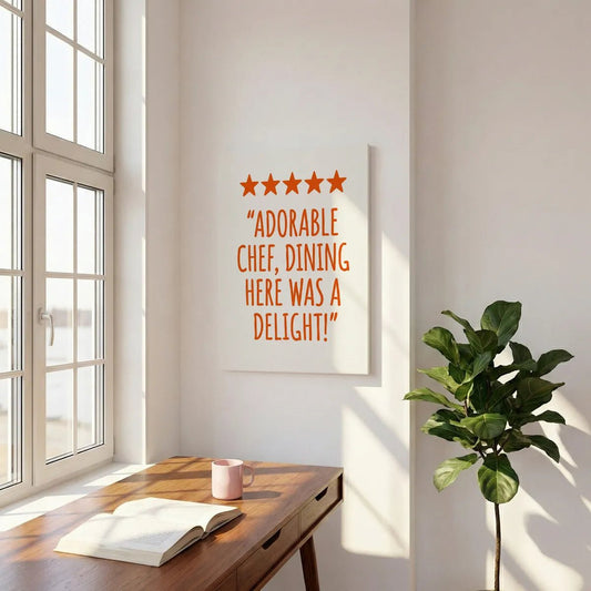 Clean and cheerful canvas wall art with centered orange stars and playful dining quote on a white backdrop