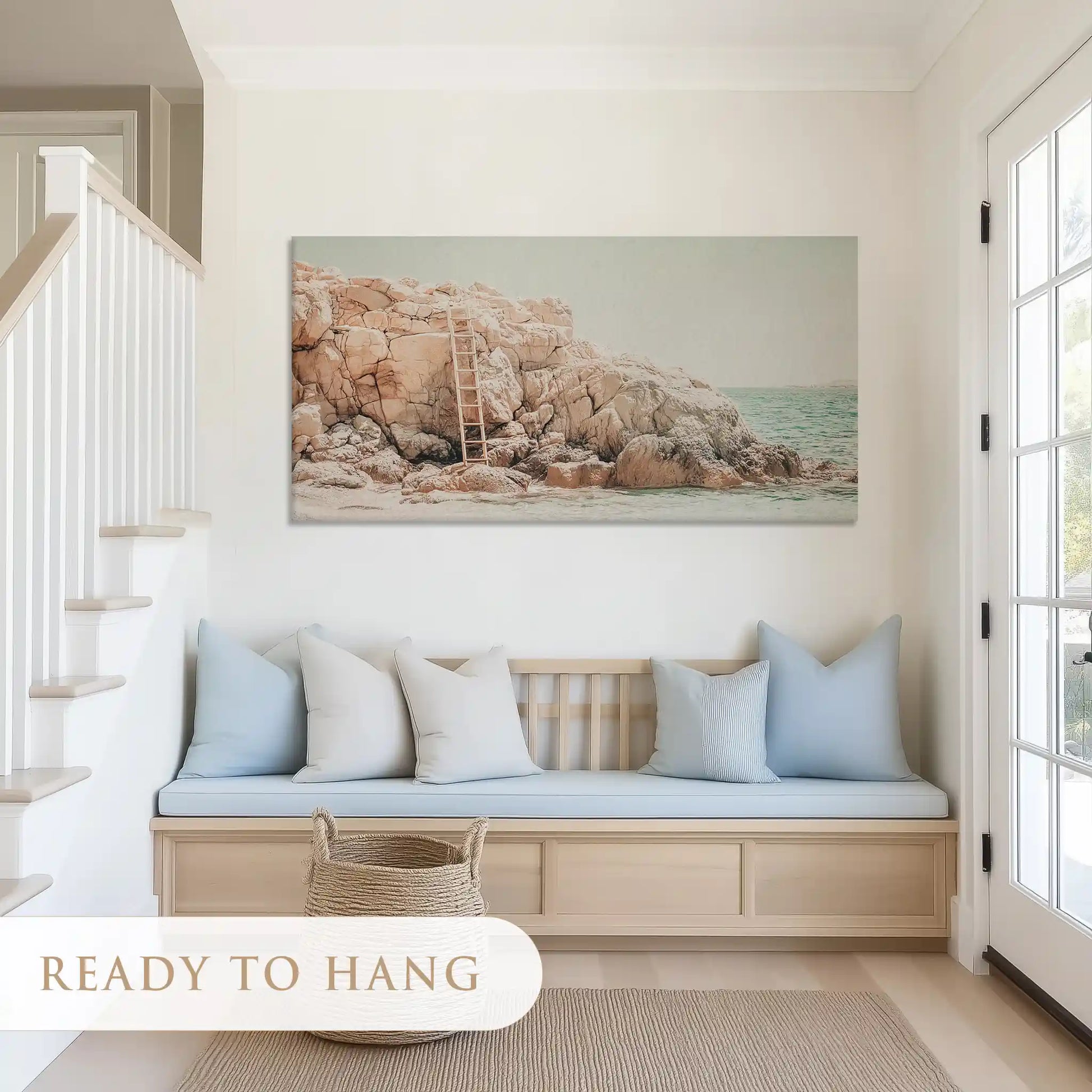 Peaceful cliffside canvas art with soft hues for calm and coastal living rooms