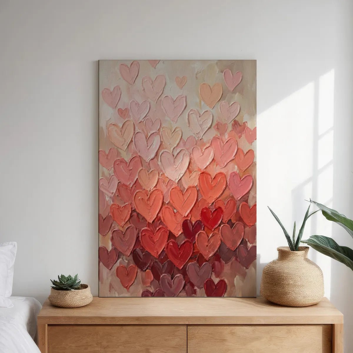 Gallery wrapped canvas with a centered heart design in textured oil paint, suited to cozy living room wall spaces.