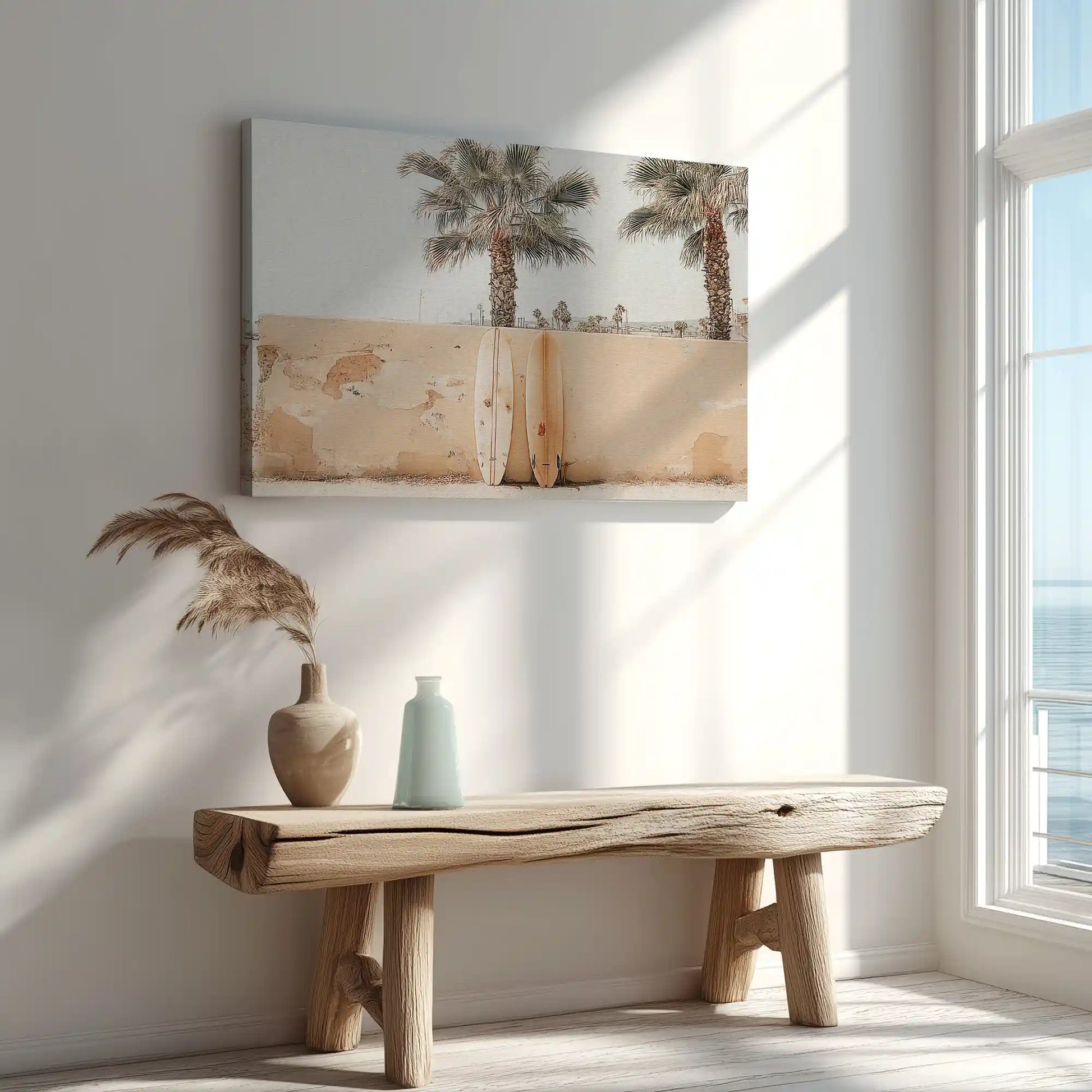 Large coastal canvas print with rustic palm design and sun-bleached wall background