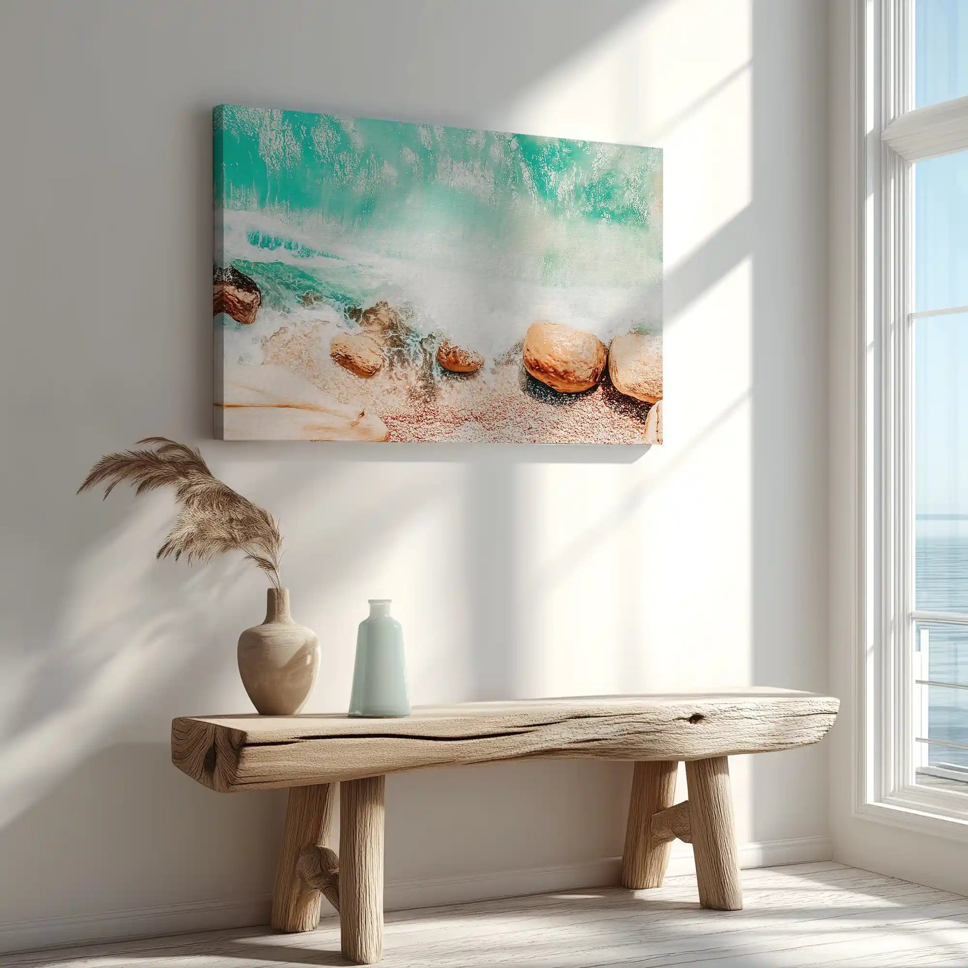 Modern coastal wall art featuring soft sea foam waves and sandy beach pebbles