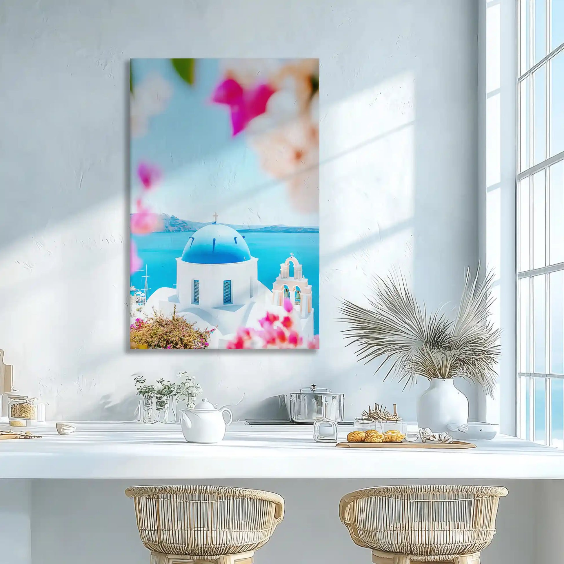 Blue and white seaside architecture wall decor with flowers, adding a fresh coastal vibe to interiors