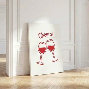 Vertical canvas art depicting two red wine glasses clinking beneath the word 'Cheers!' in a clean, bold font