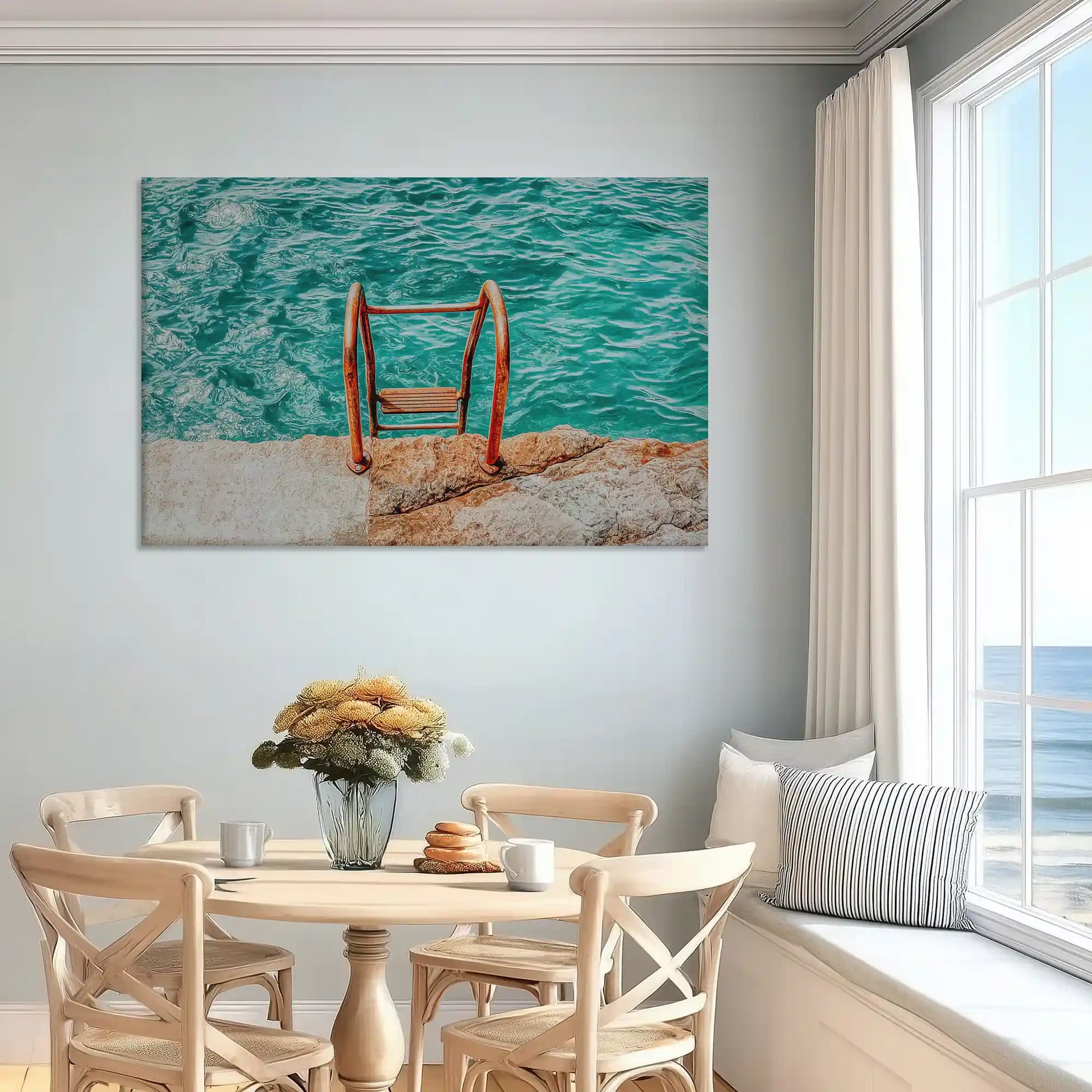Rustic seaside ladder canvas art enhancing bright and airy bedroom walls