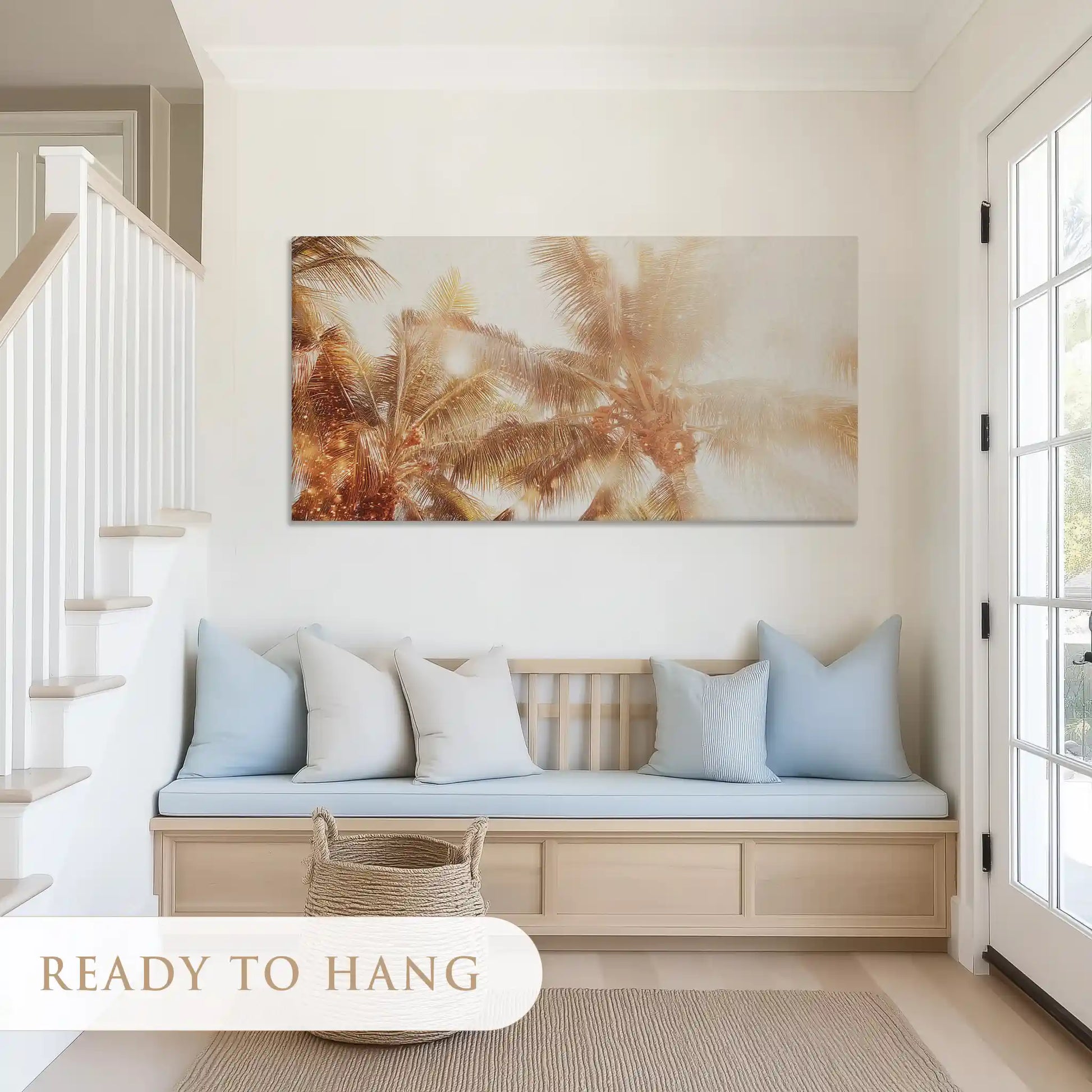 Calm tropical palm canvas art with warm hues for airy modern living rooms