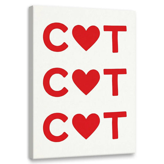 Pop art canvas wall art featuring the word C♥T repeated in three rows with bold red hearts replacing the letter A