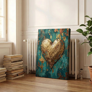 Vertical canvas art with a centered gold heart and textured, earthy background in warm, high-contrast tones.