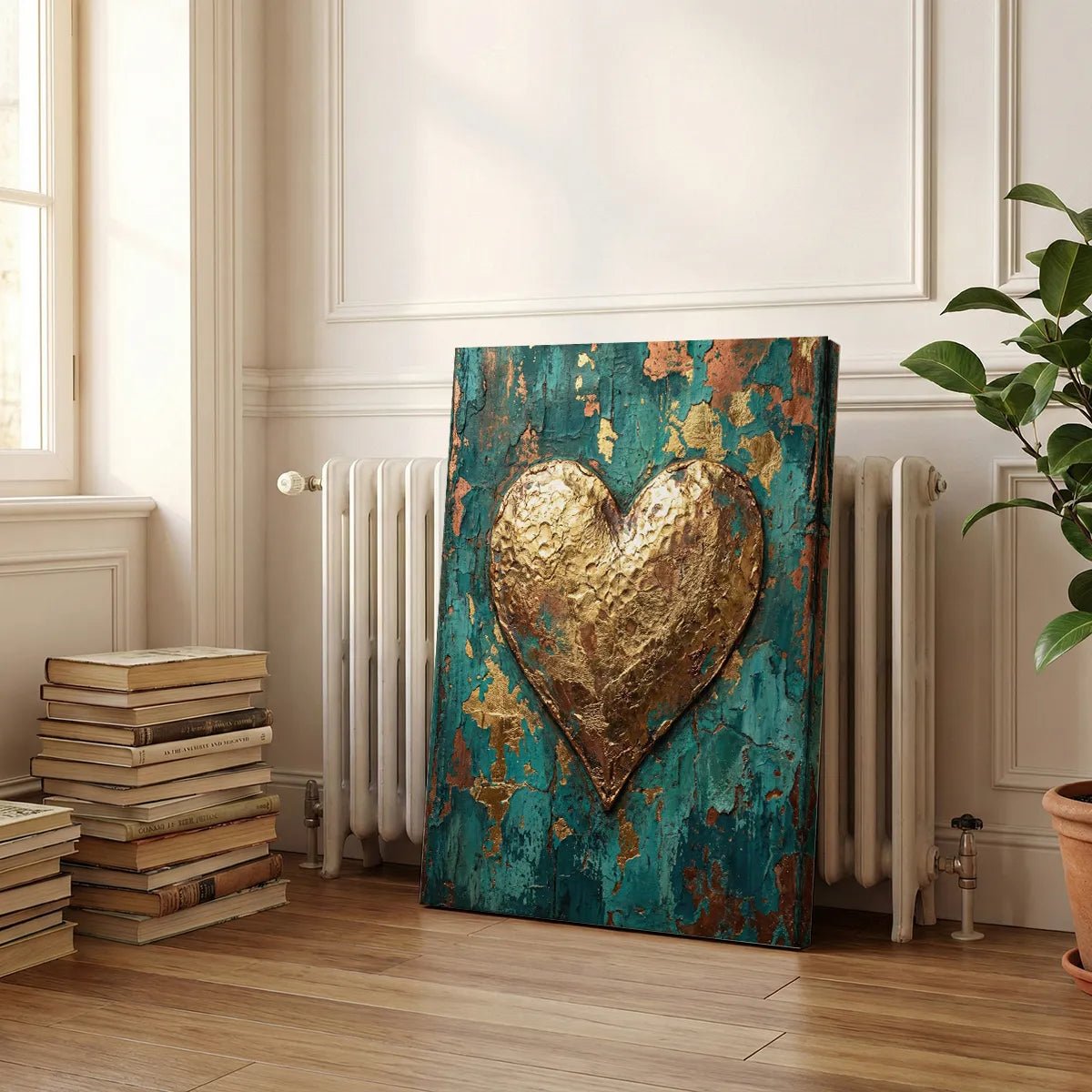 Vertical canvas art with a centered gold heart and textured, earthy background in warm, high-contrast tones.