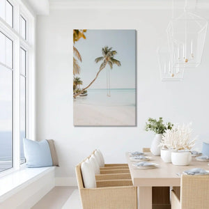 Peaceful palm tree swing painting with calm hues, ideal for dining room or beach house settings