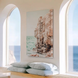 Large vertical cliff and ocean painting perfect for bright living room accent walls