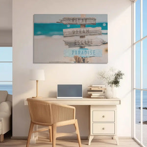 Rustic beach typography canvas art enhancing light and airy bedroom wall design