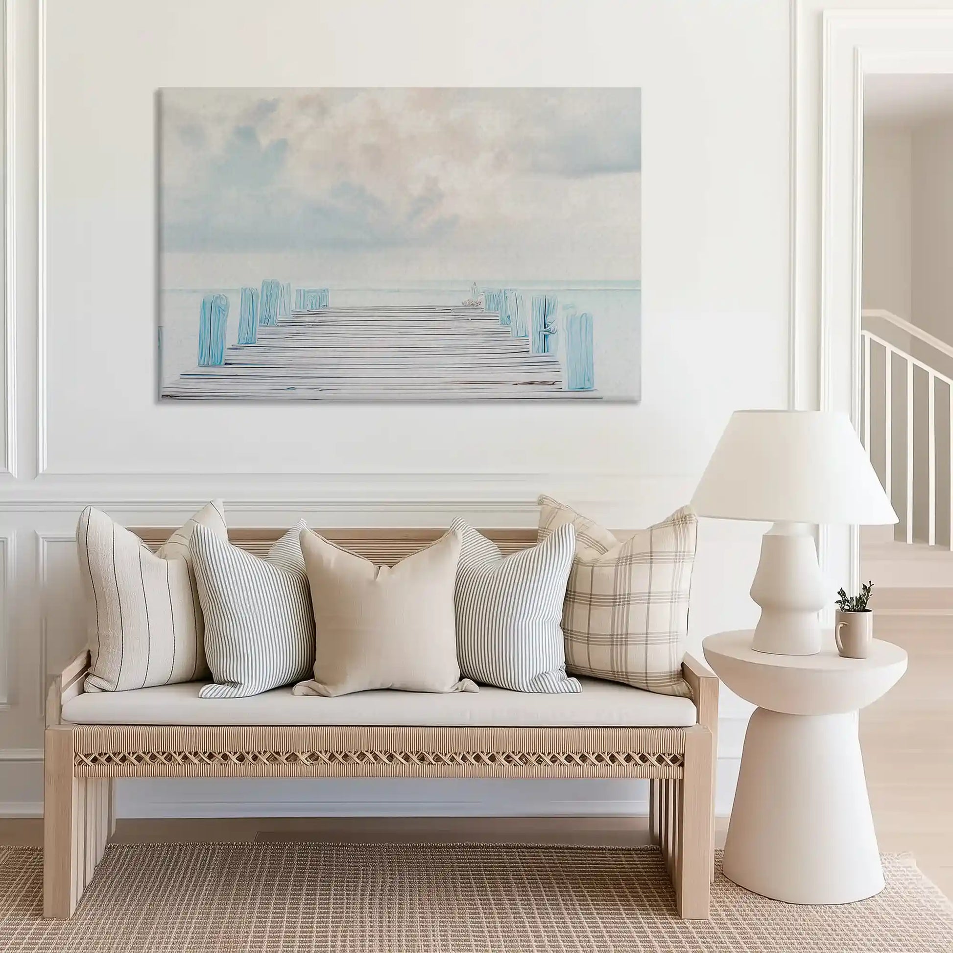 Minimalist coastal canvas wall decor of pier and ocean horizon in neutral tones