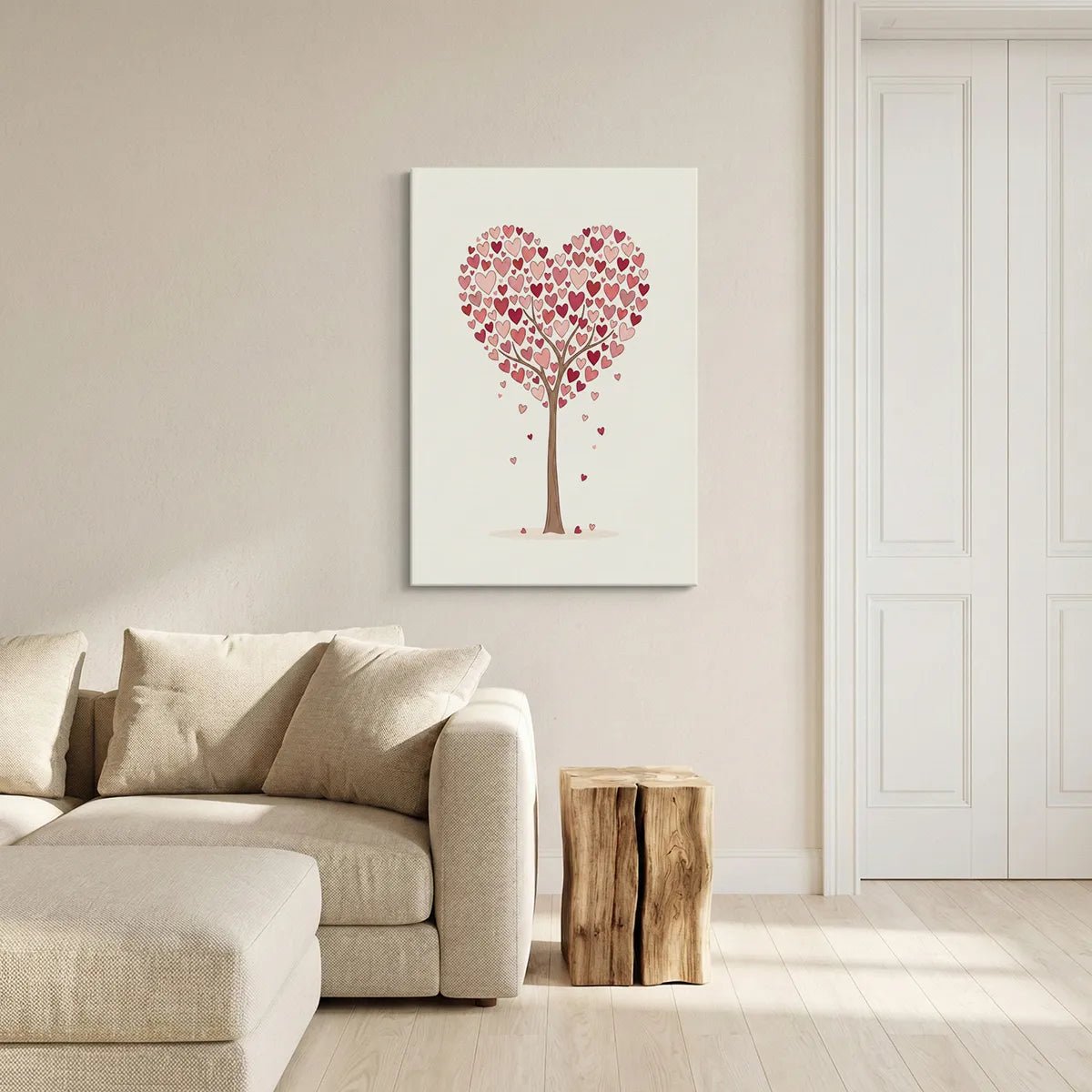 Fine art canvas showing a flat-rendered heart tree with soft pastel tones, ideal for romantic or nursery-themed interiors.