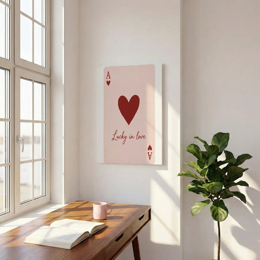Bold canvas wall art with a centered heart and stylized A above romantic cursive text on a light pink backdrop.