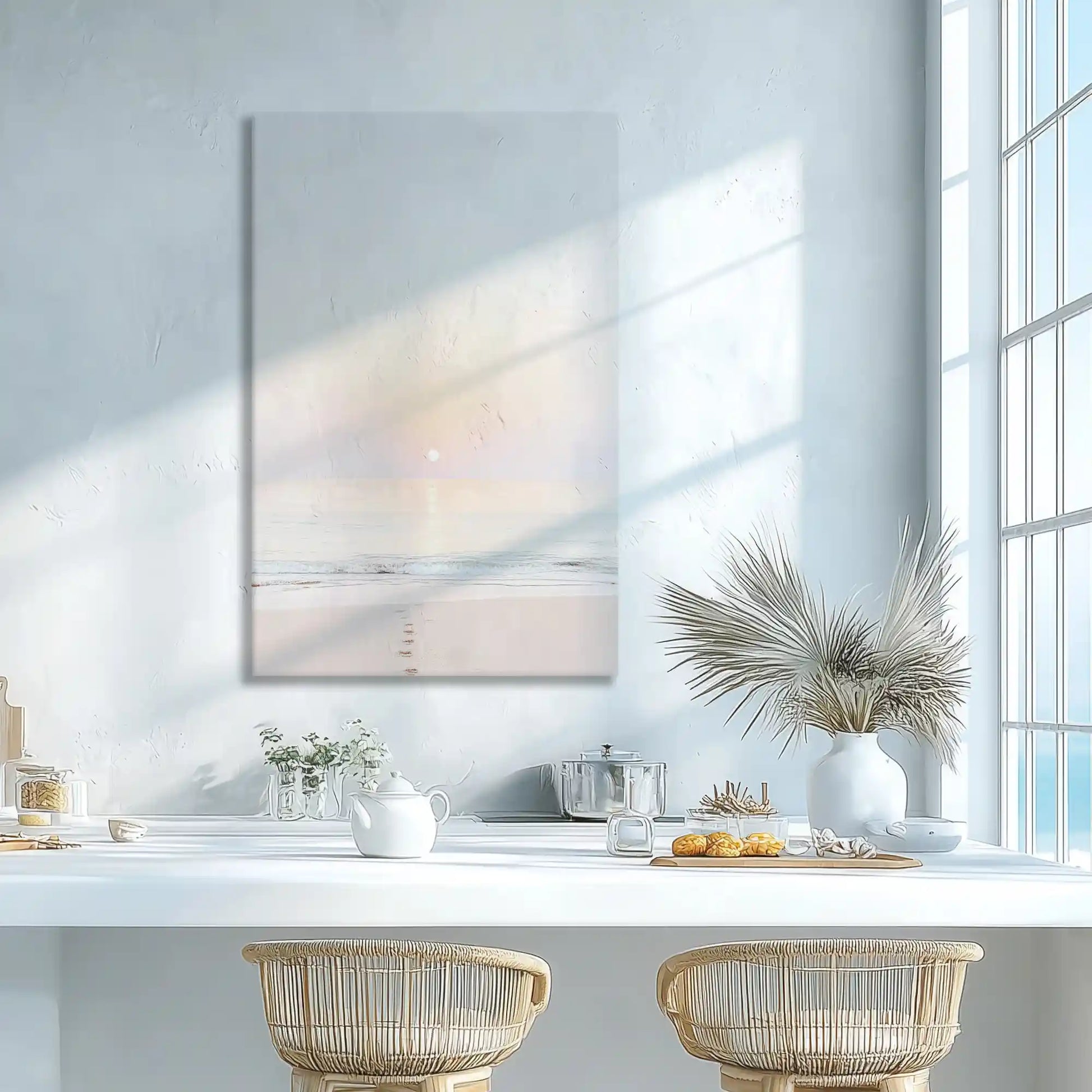 Soft pastel ocean canvas print adding romantic calm to modern coastal wall decor