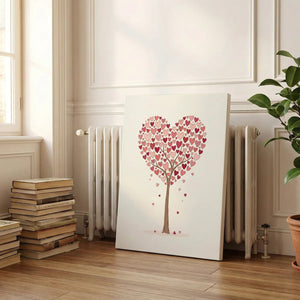 Decorative canvas print featuring a symmetrical tree with heart leaves in a soft color palette, suited to bedroom wall decor.