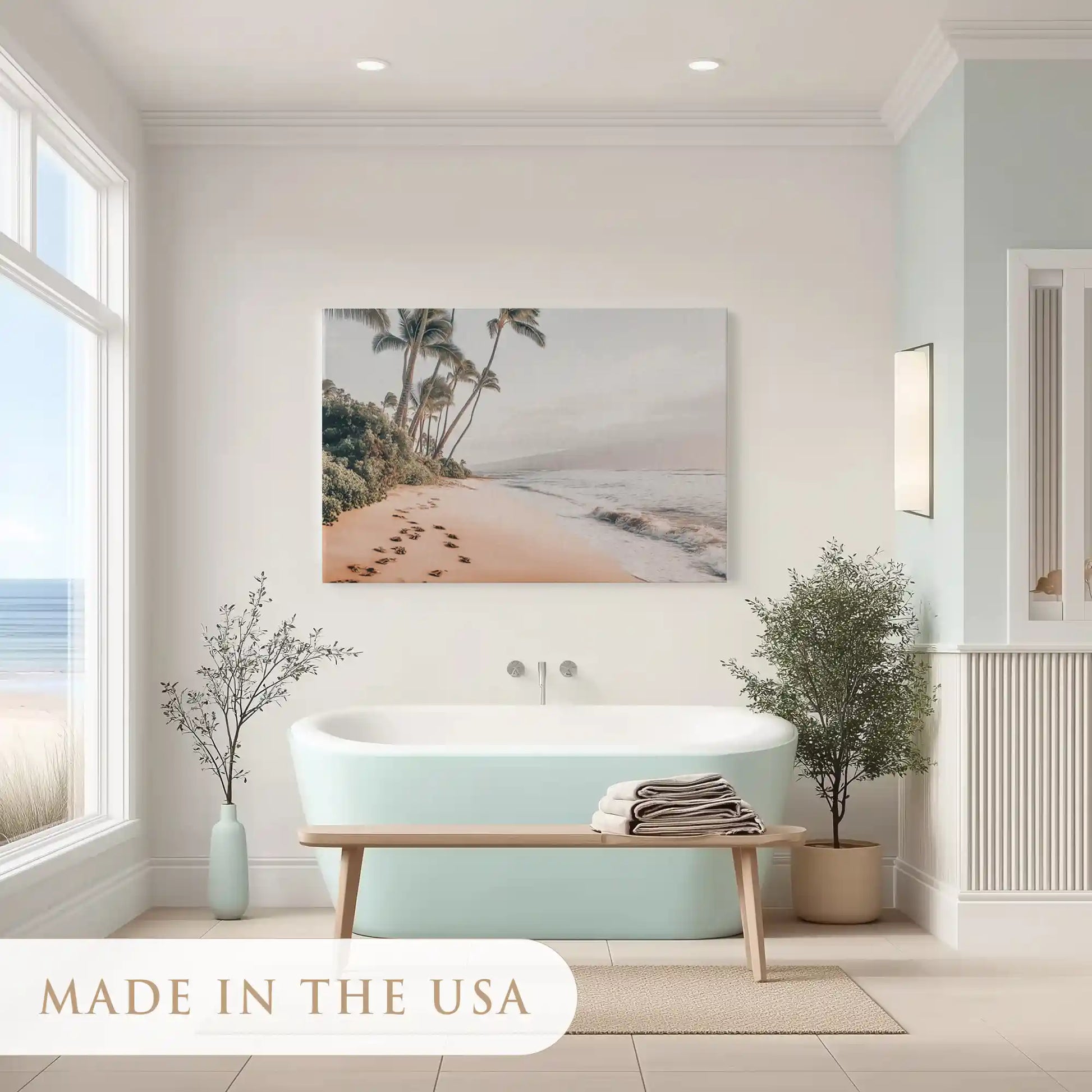 Calm sandy shore canvas art with soft tones for airy and coastal living room décor