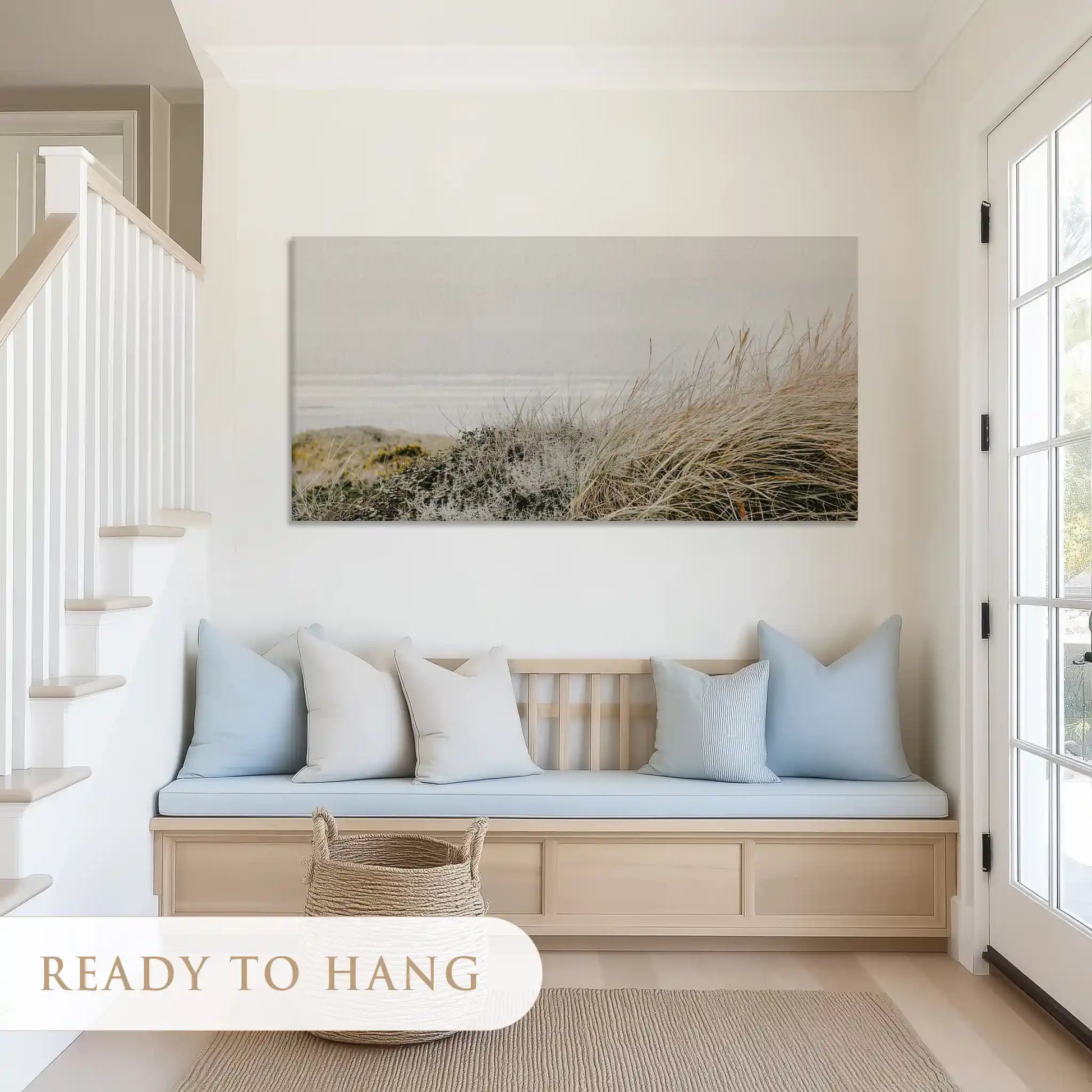 Peaceful dune horizon canvas art with muted tones for light-filled living room