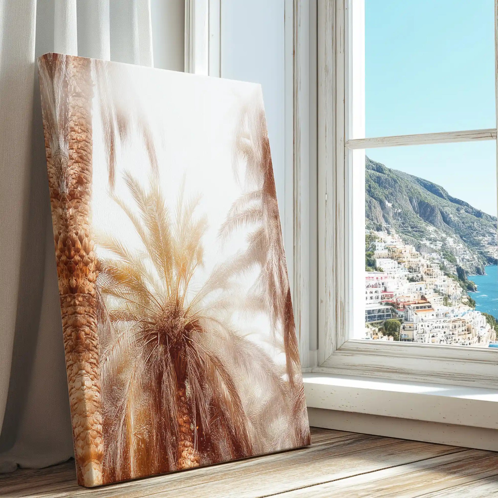 Palm tree canopy captured in a textured canvas print with artistic abstract style