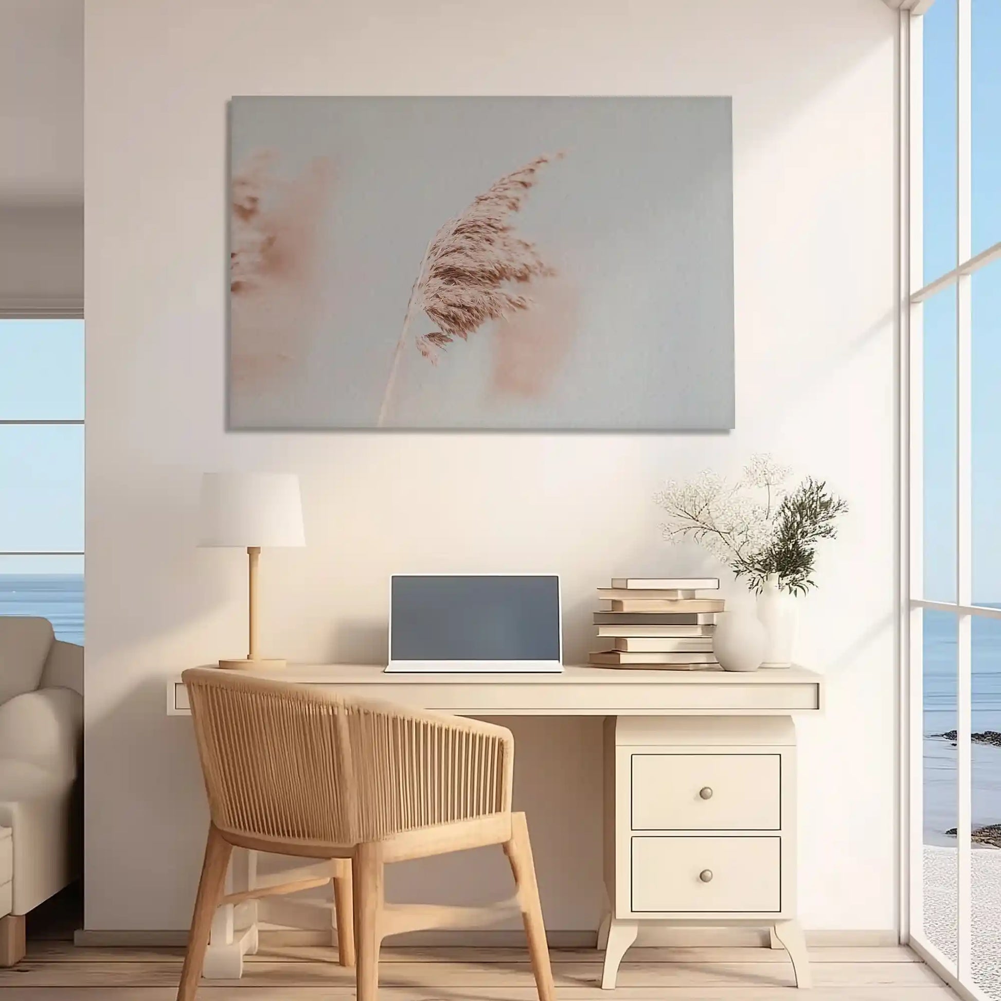 Rustic nature canvas print adding organic charm to a modern home office