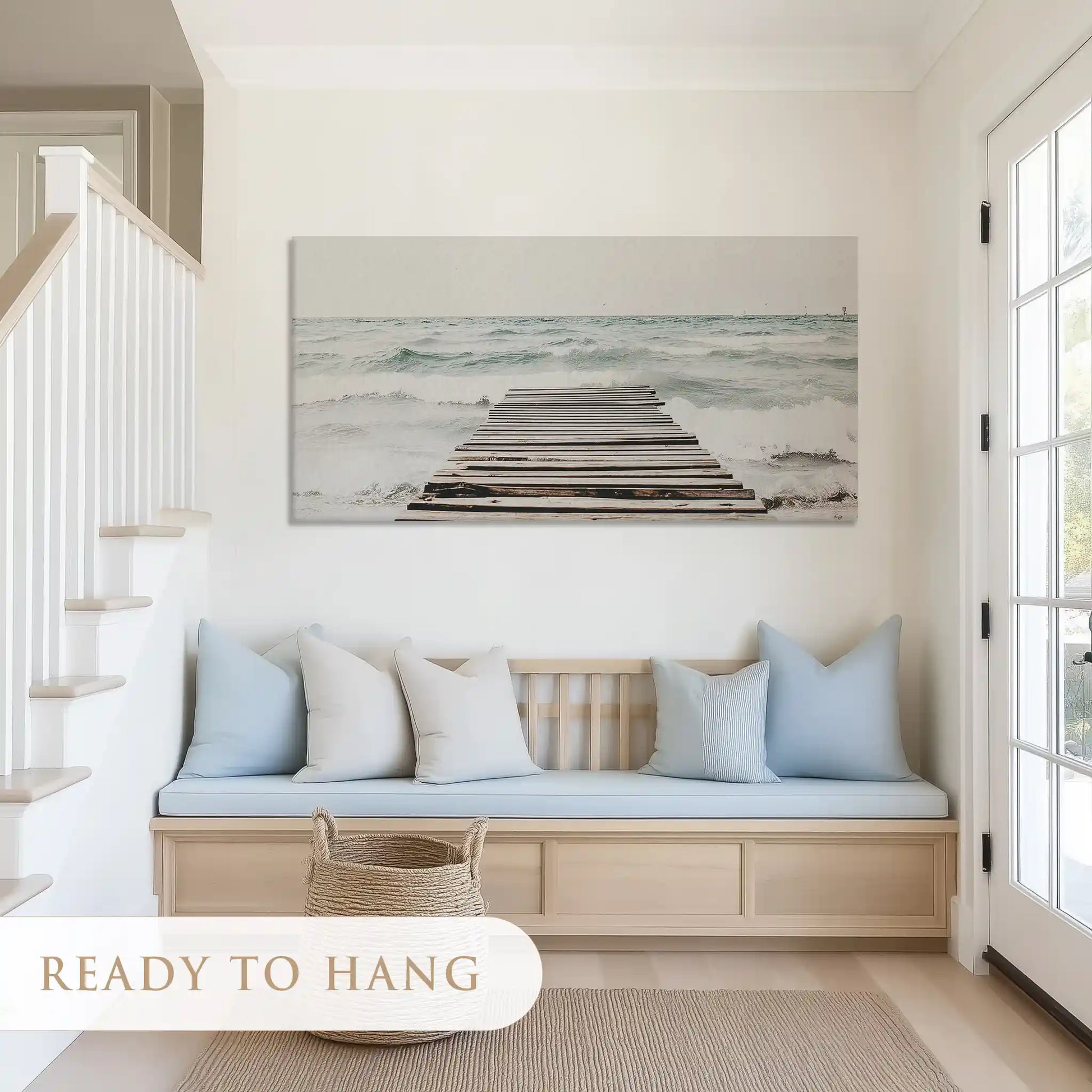 Serene pier painting with muted tones creating a relaxing coastal centerpiece