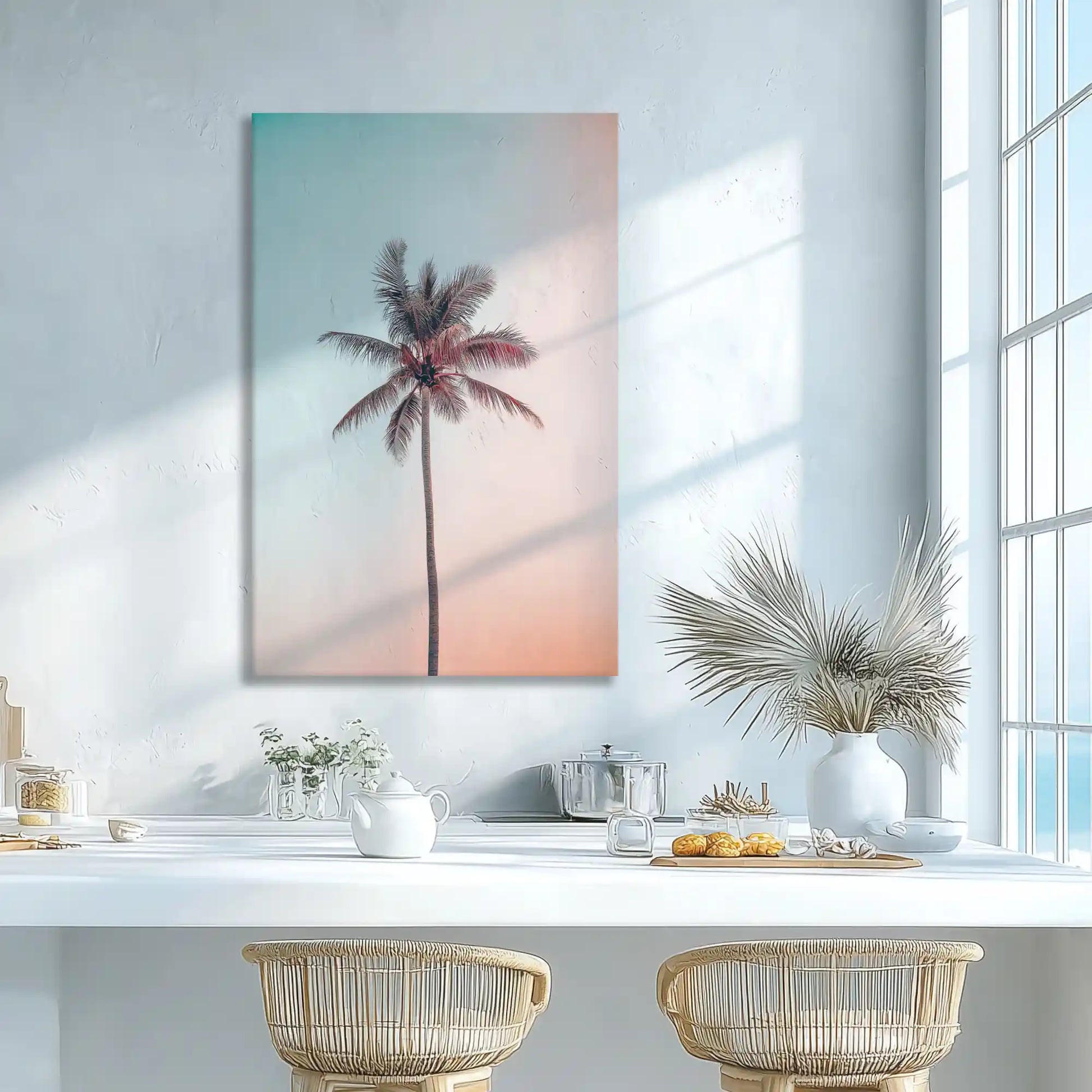 Soft gradient palm canvas print adding tropical calm to modern coastal wall decor
