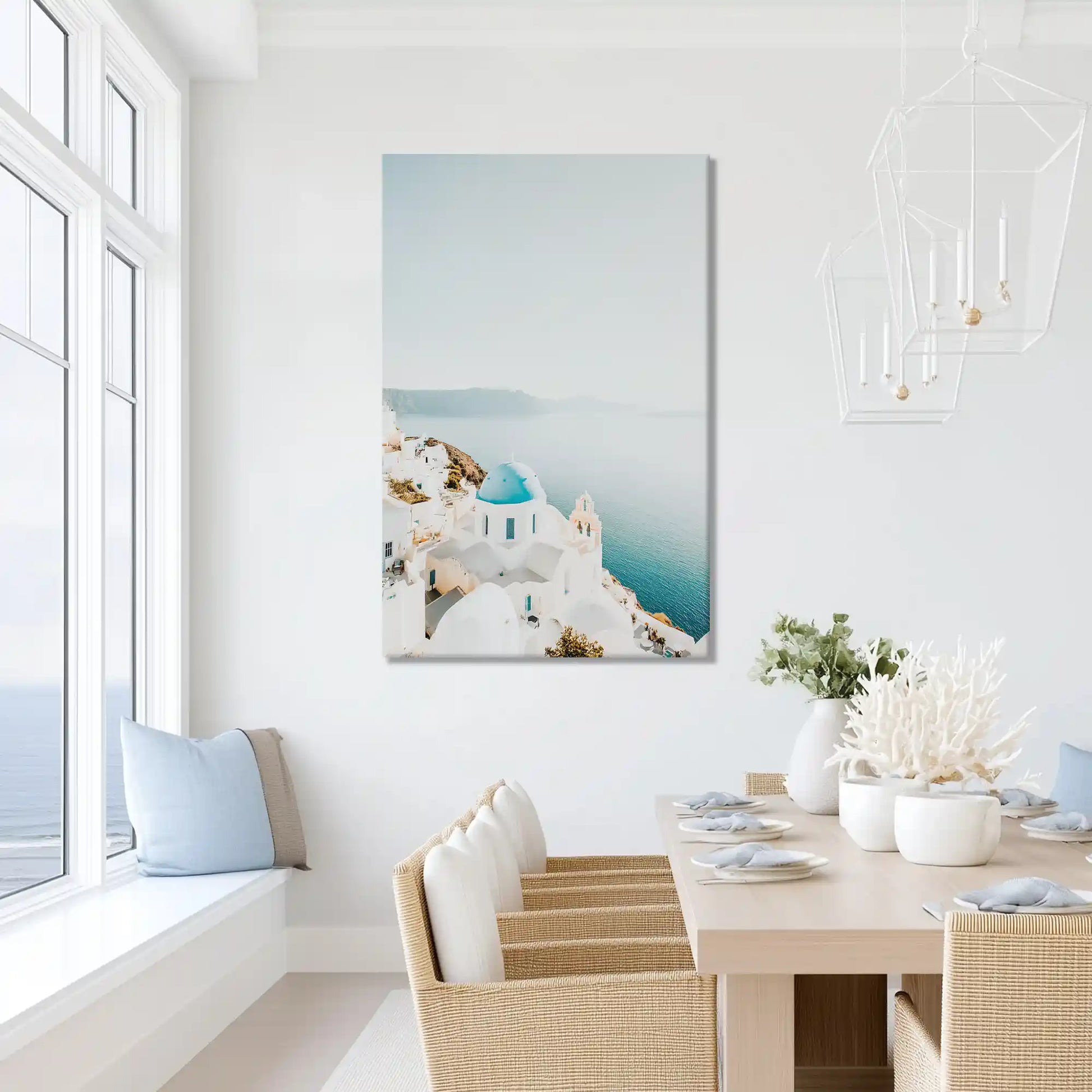 Warm pastel-toned Santorini houses wall decor bringing peaceful retreat vibe