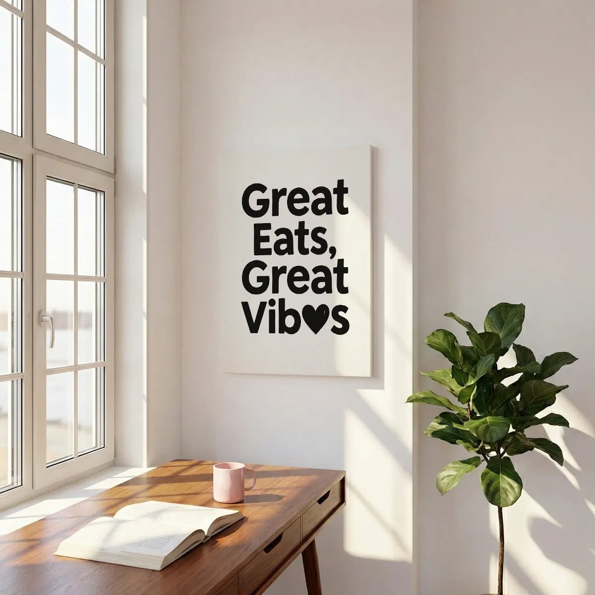 Typography canvas wall art with bold black lettering and a heart symbol replacing the 'e' in 'Vibes', set against a white backdrop.