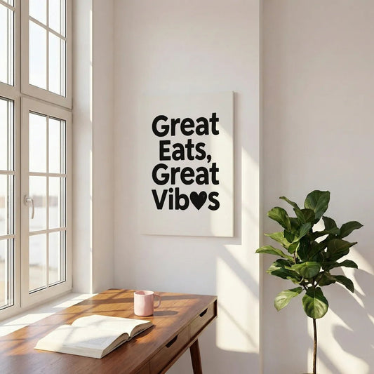 Typography canvas wall art with bold black lettering and a heart symbol replacing the 'e' in 'Vibes', set against a white backdrop.