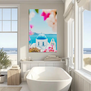 Colorful bougainvillea and ocean view canvas art adding cheerful summer warmth to modern living space