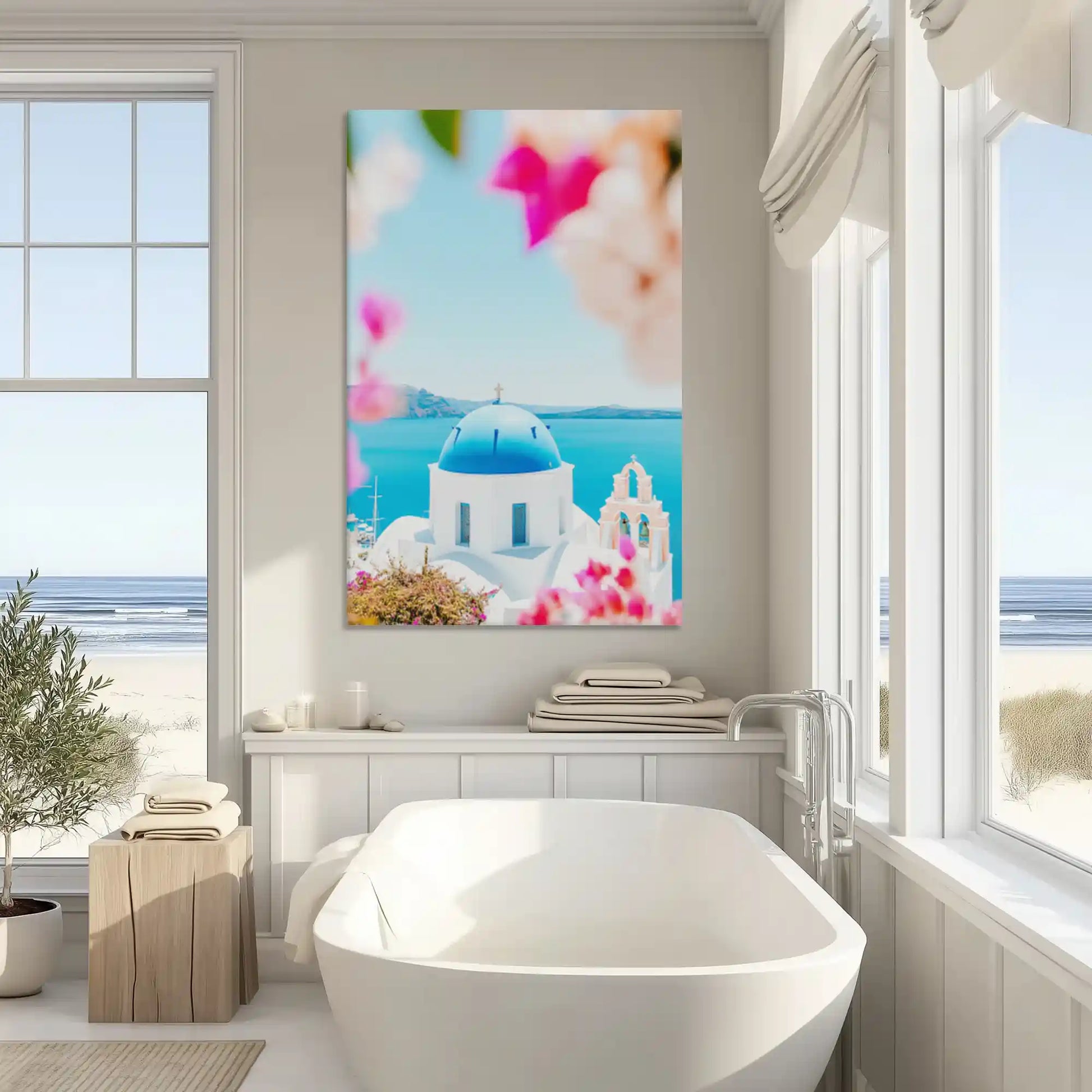 Colorful bougainvillea and ocean view canvas art adding cheerful summer warmth to modern living space