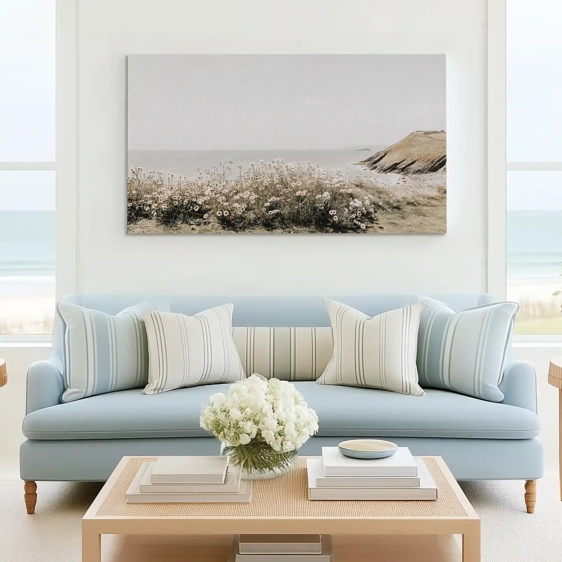 Tranquil shoreline wildflower canvas wall art complementing Scandinavian décor