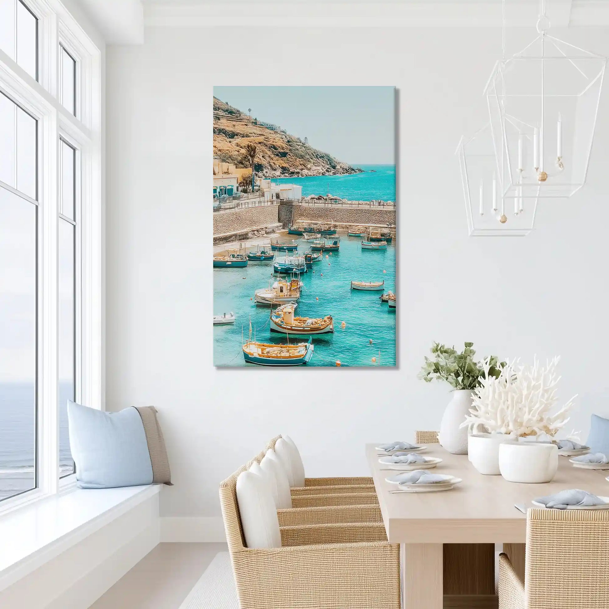 Oversized Mediterranean harbor canvas wall art for bright bathroom retreat