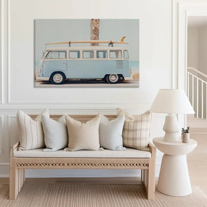 Seaside lifestyle canvas wall decor featuring retro van parked under tropical palm