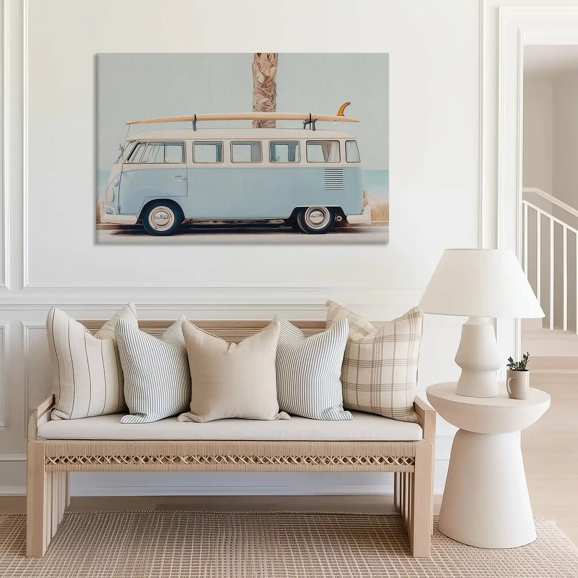 Seaside lifestyle canvas wall decor featuring retro van parked under tropical palm