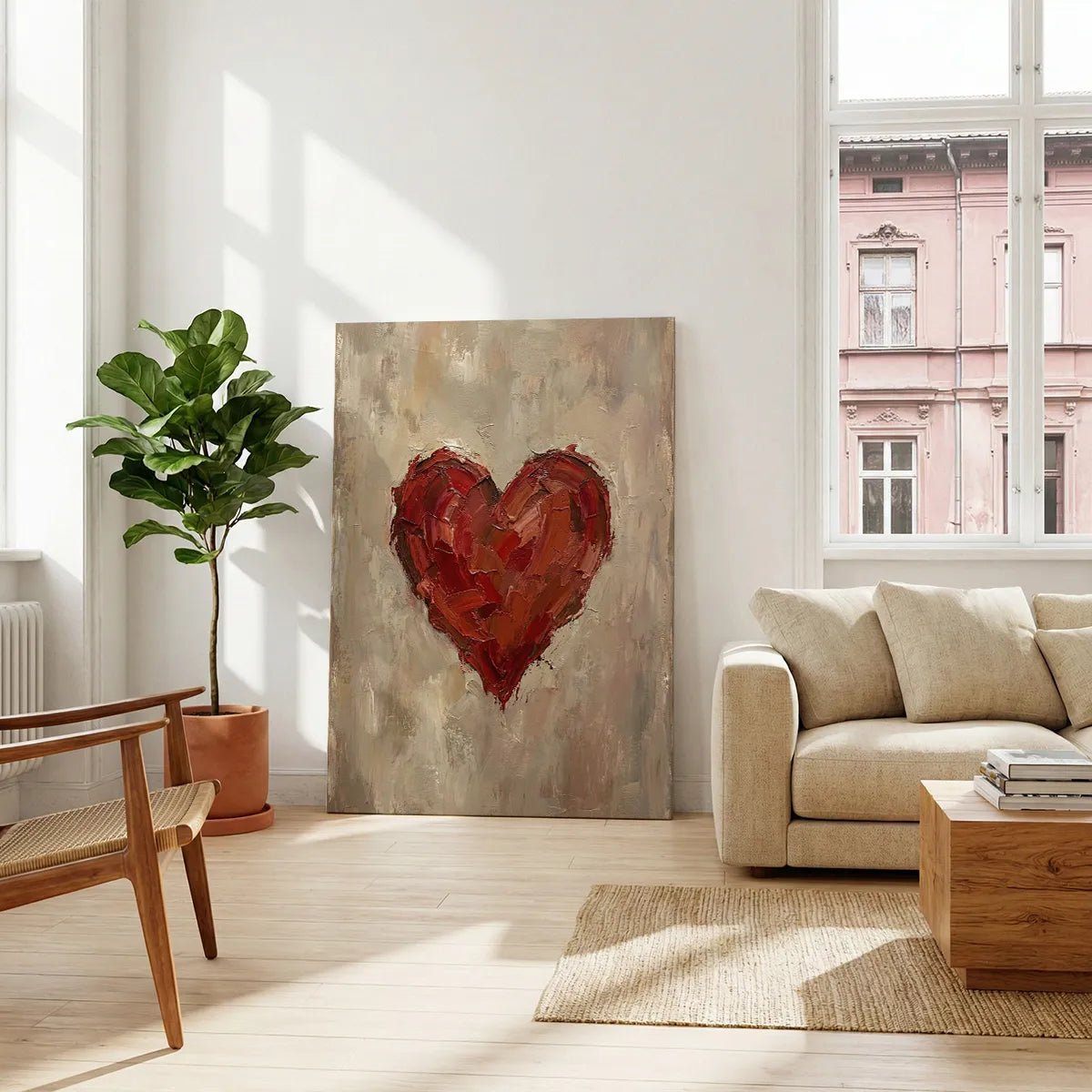 Fine art canvas with a passionate red heart and earthy muted palette, painted in a thick, expressive style.
