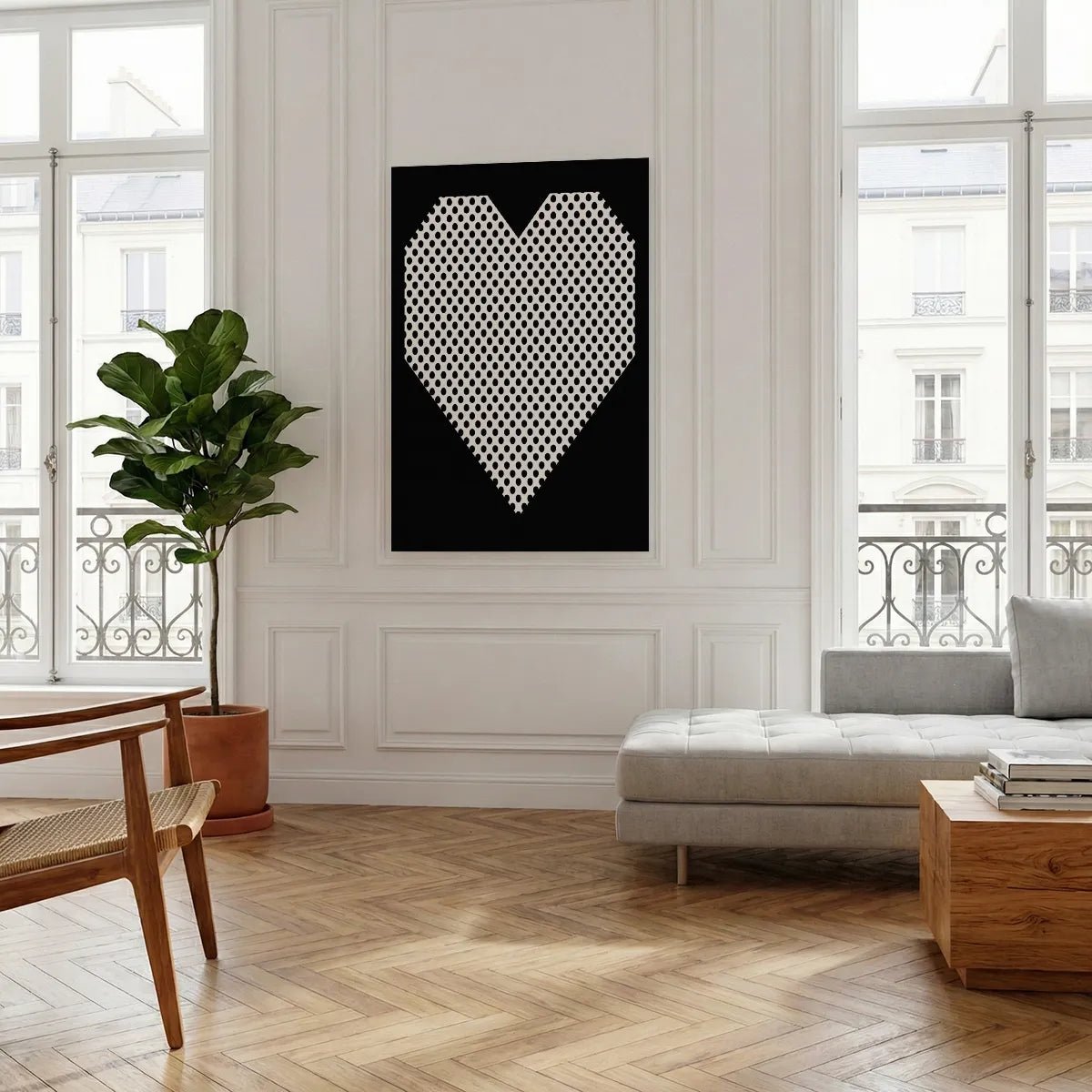 Gallery wrapped canvas presenting a minimalist heart graphic in black and white with sharp lines and flat color