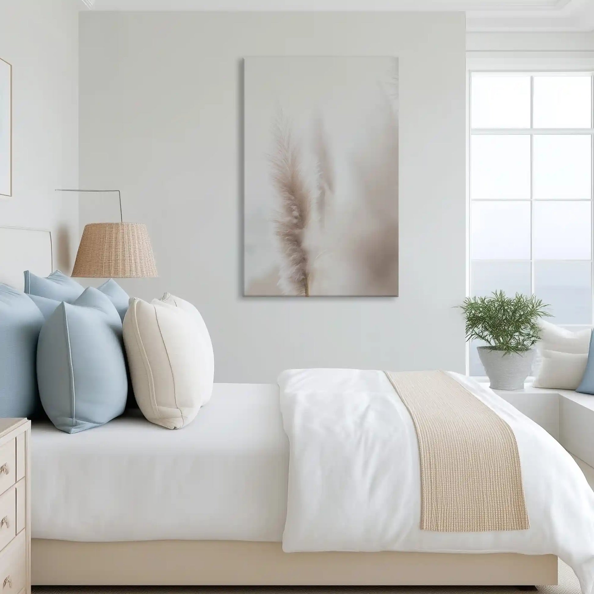Tranquil beige pampas canvas art complementing airy Scandinavian-inspired home decor