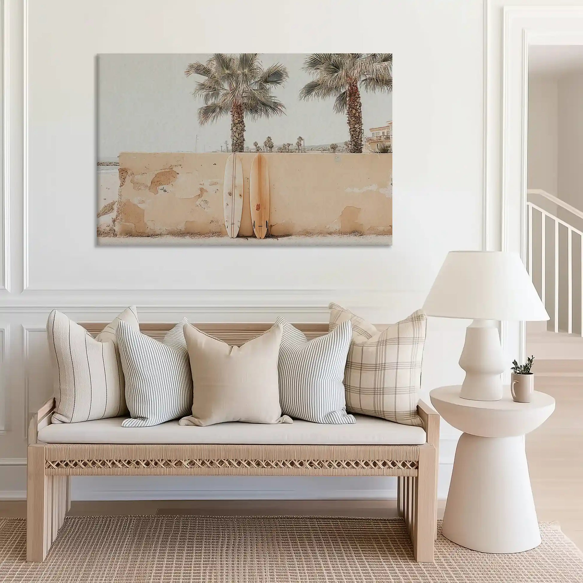 Neutral-toned palm tree canvas wall art perfect for coastal living room centerpiece
