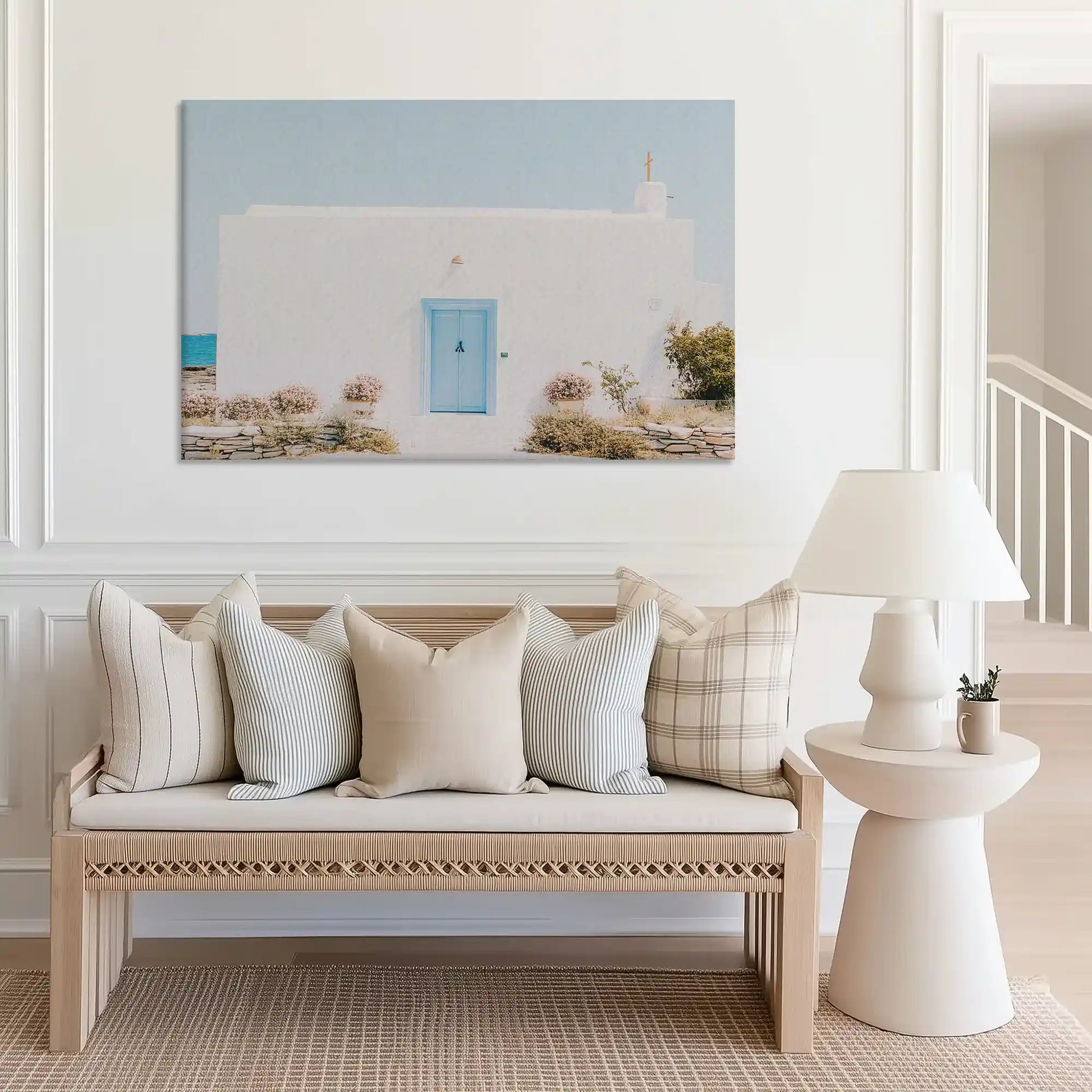 Large blue door painting perfect for bedroom wall with airy beach house vibe