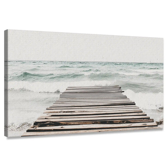Rustic pier canvas wall art for living room with calming ocean waves in soft tones