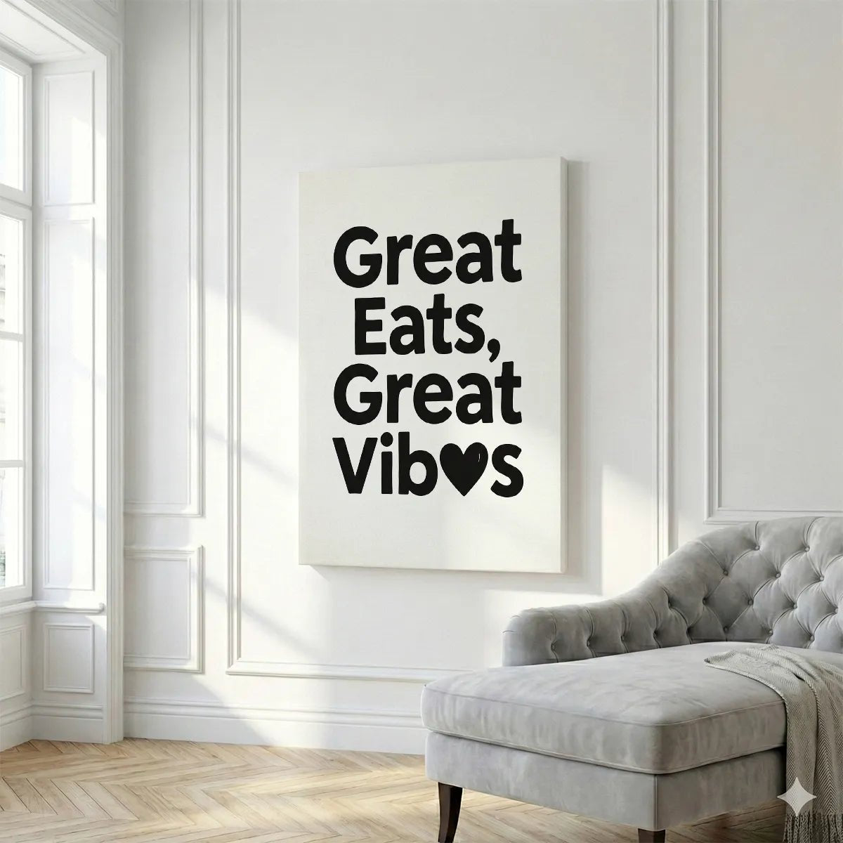 Simple canvas wall decor with centered black text and a heart icon integrated into the word 'Vibes', creating a cheerful tone.