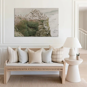 Large coastal wall decor featuring a dramatic cliffside seascape with seabird colony