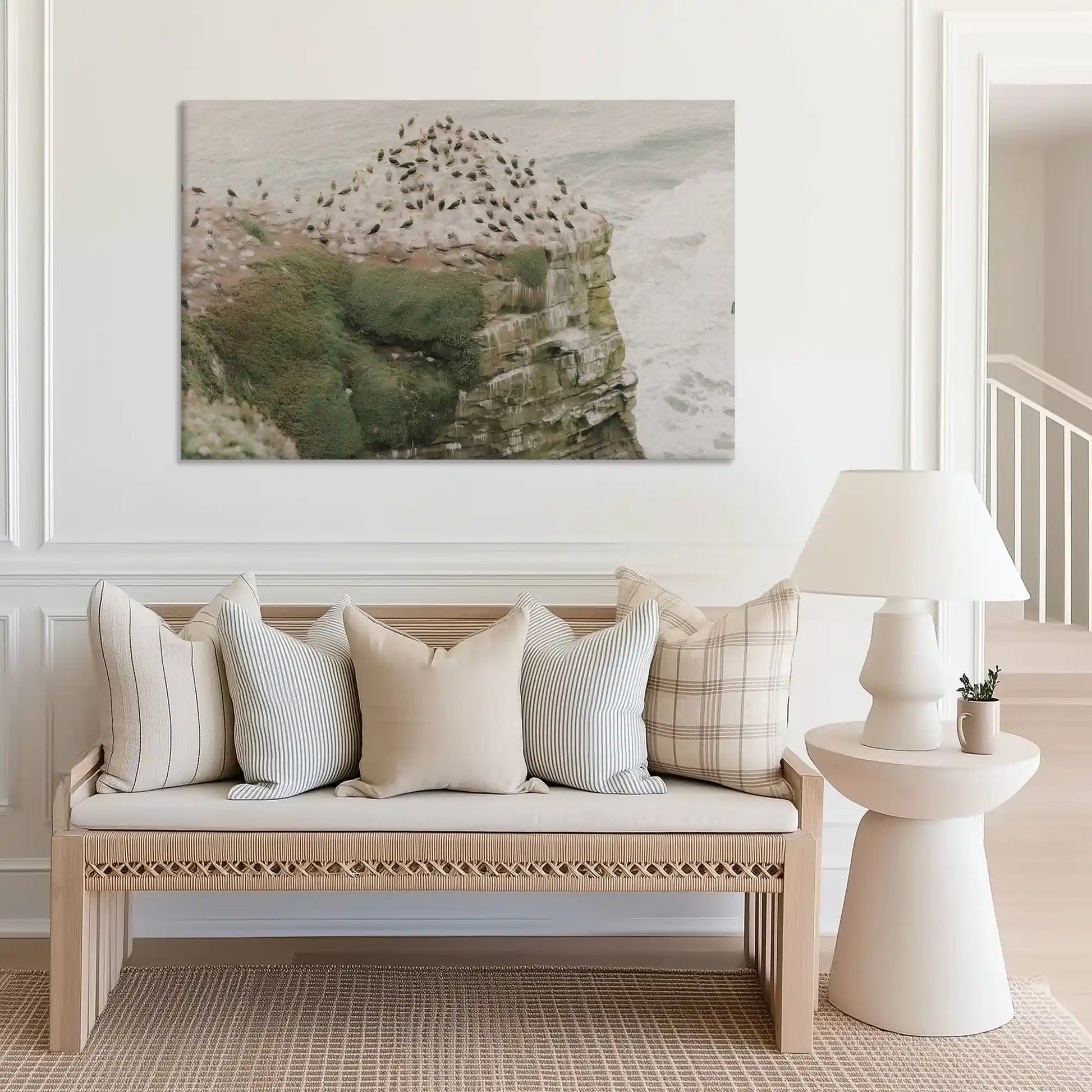 Large coastal wall decor featuring a dramatic cliffside seascape with seabird colony