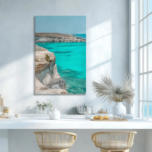 Soft aqua ocean and cliff canvas print adding fresh coastal elegance to modern wall decor